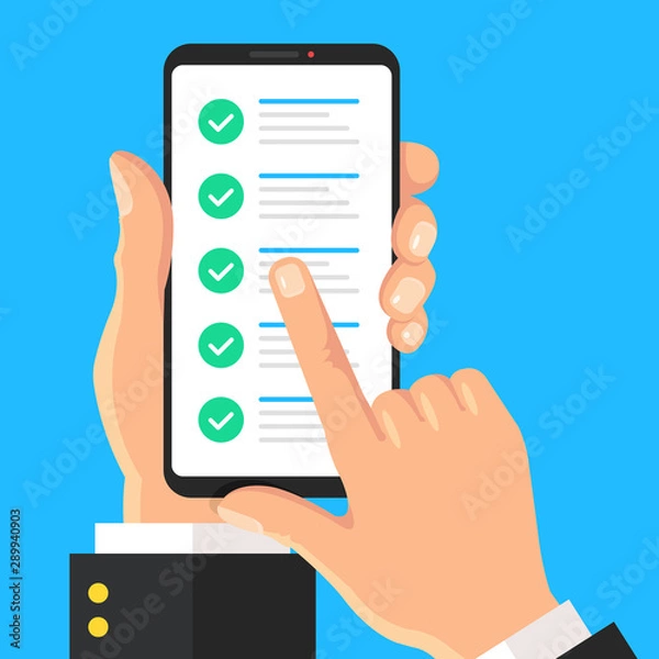 Obraz Checklist on phone screen. Hand holding mobile phone with check marks. Online survey, questionnaire, quiz, form with checkmarks concepts. Flat design. Vector illustration