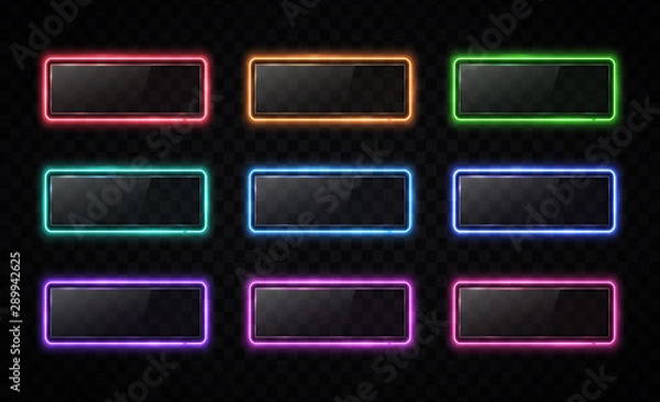 Fototapeta Neon color button set. Glowing line rectangle. Light effect. Glossy glass texture glare banner on transparent background. Web interface infographic internet site report square sign vector illustration