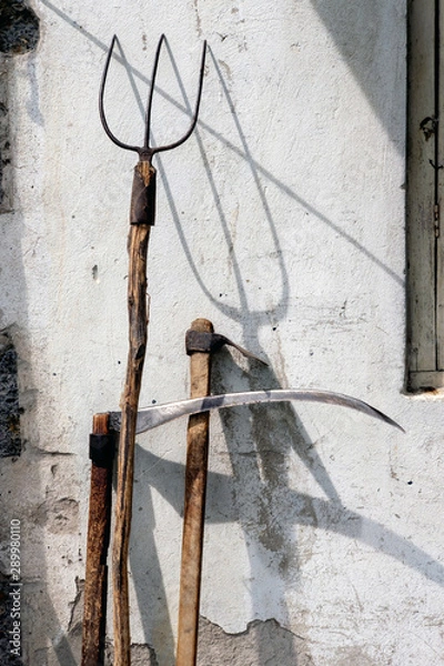 Fototapeta Rusty well used garden fork, scythe and hoe on the grunge wall