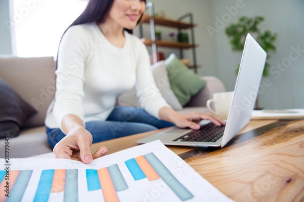 Fototapeta Cropped portrait of her she nice attractive lovely smart clever intelligent cheerful confident successful woman preparing finance presentation online in light white interior living-room indoors