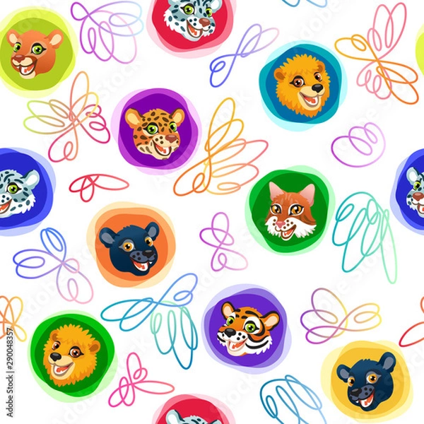 Fototapeta Seamless pattern with wild cat heads and scribbles