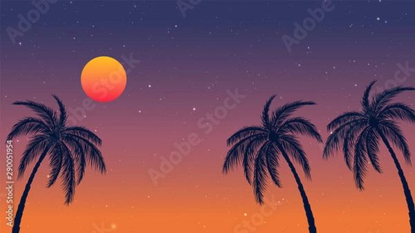 Fototapeta evening time, evening in desert, palm tree, dates, sea shore, sand, hills, mountains