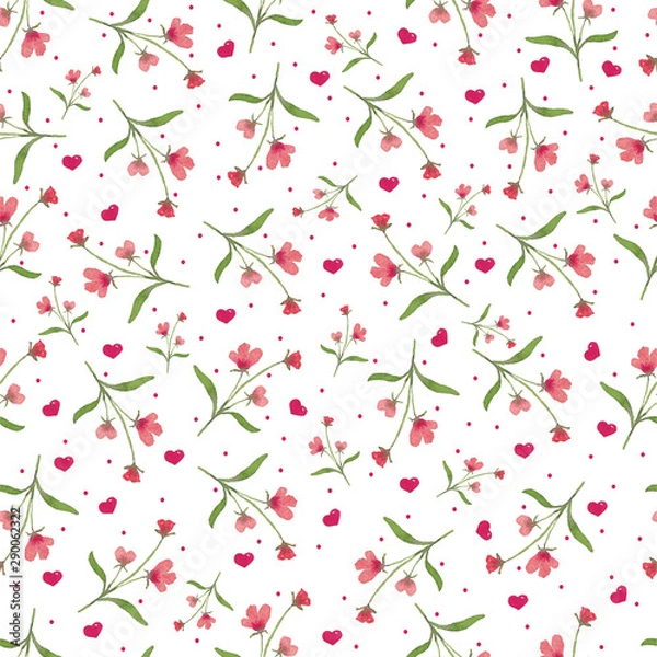 Fototapeta White seamless background of red cute delicate watercolor flowers and hearts and leaves. Background for congratulations, wedding invitations