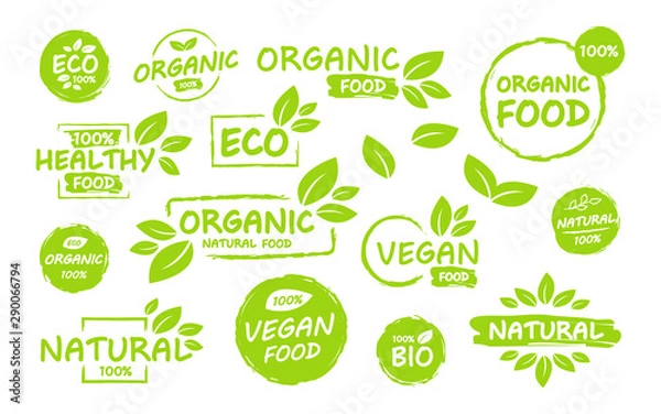 Fototapeta Set of Vegan, eco, bio, organic, fresh, healthy, 100 percent, nateral food. Natural product. Collection of emblem cafe, badges, tags, packaging. Vector illustration.