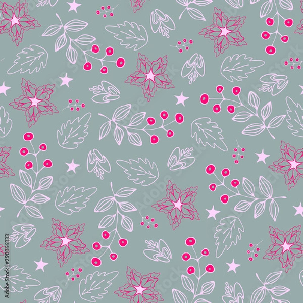Fototapeta Seamless repeat vector pattern with winter floral design. Silver gray background.