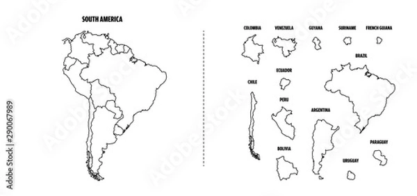 Fototapeta South America outline map with each country isolated. 