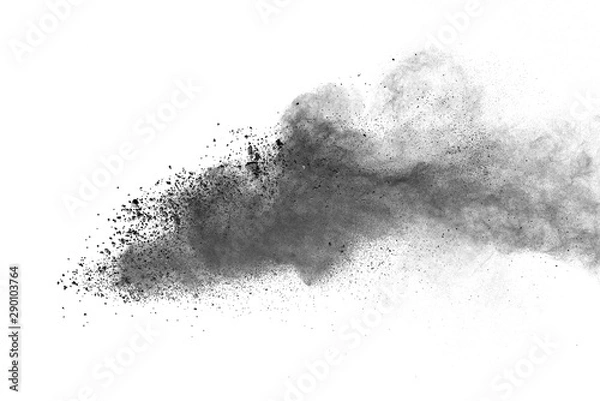 Fototapeta Black powder explosion on white background. Colored cloud. Colorful dust explode. Paint Holi.