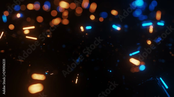 Fototapeta Blurred shining particles on black background with the copyspace for party invitation or cover page