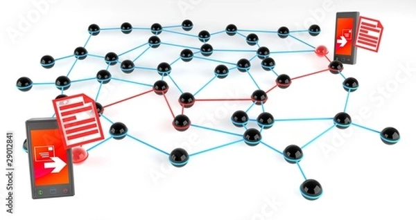 Fototapeta Communicating across a network via smartphones