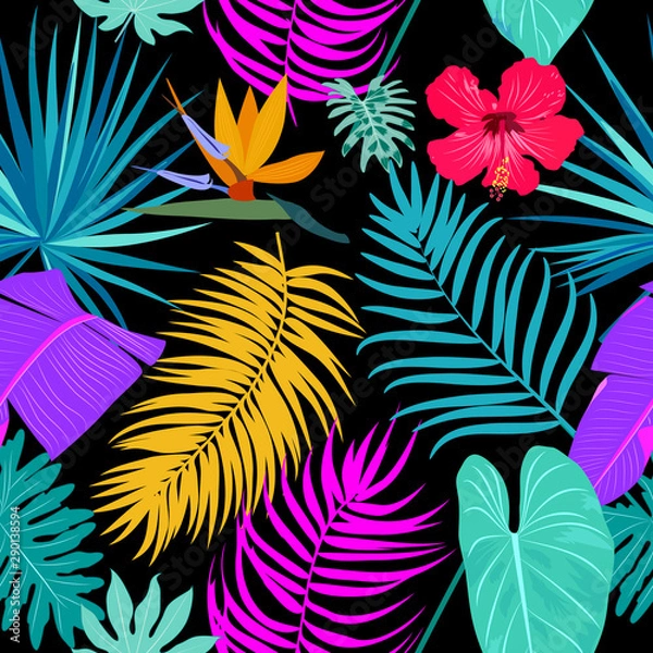 Obraz Vector tropical jungle seamless pattern with palm tree leaves