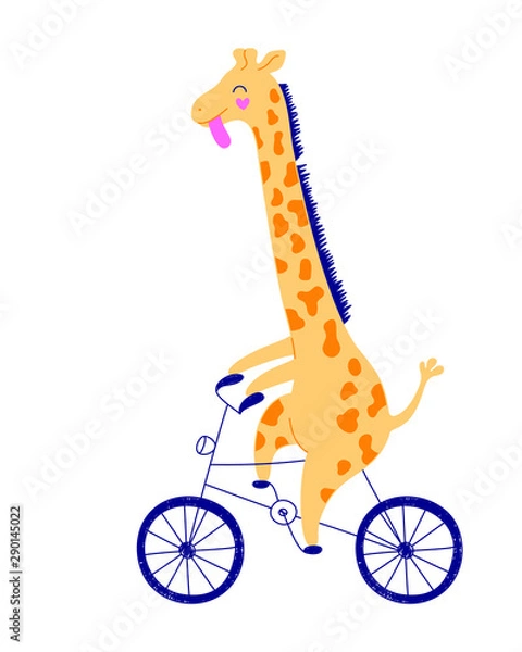 Fototapeta Cheerful yellow giraffe is racing on a bicycle. Hand-drawn illustration, child character on a white background.