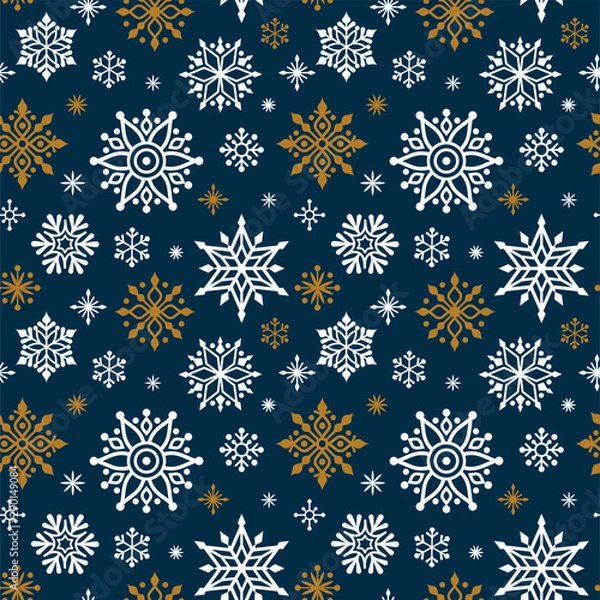 Obraz Christmas pattern. Vector seamless pattern with white and golden snowflakes isolated on a bark blue background