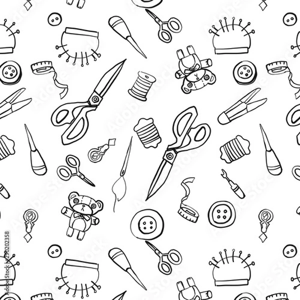 Obraz 裁縫セット　シームレスパターン　白黒