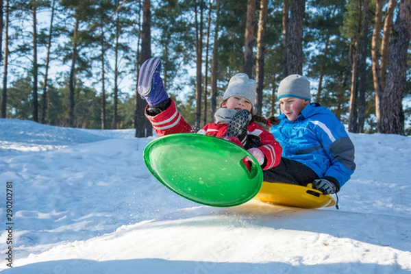 Fototapeta In winter, in the forest on a bright sunny day, brother and sister ride plastic plates from the mountain.