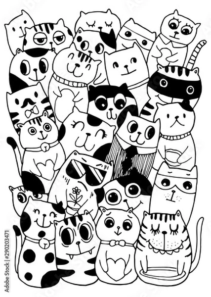 Obraz Black and white Hand draw vector, Cat Characters style doodles illustration coloring for children vector.