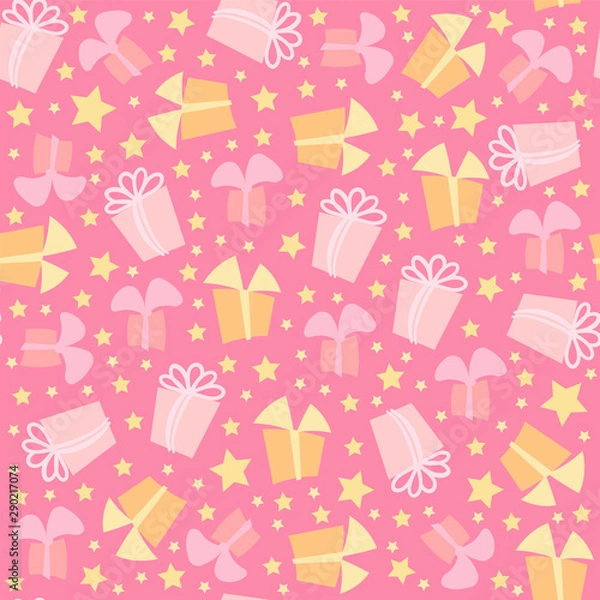 Fototapeta Vector seamless pattern. Cute present boxes with ribbon bow and confetti from stars. Festive, cute random colors. Perfect for wrapping paper, background, texture for textile, and other holiday design