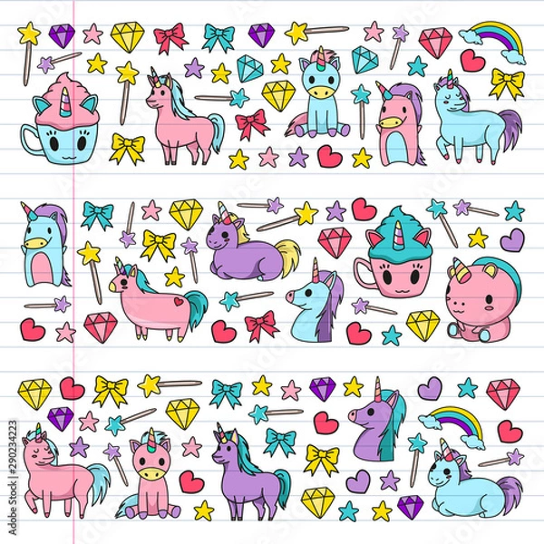 Fototapeta Children pattern with fairy tale unicors for kids clothes, posters, banners, shirts. Vector image with cartoon character.