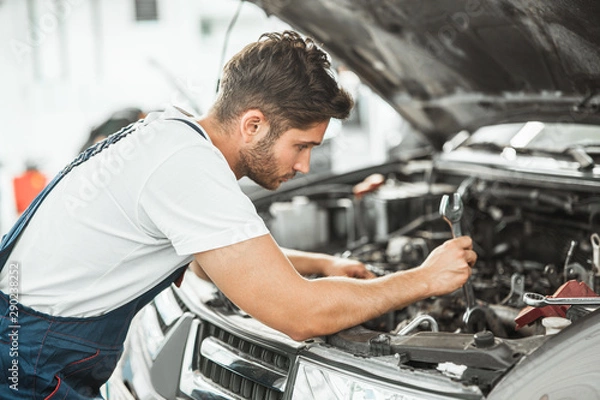 Fototapeta young smiling handsome mechanic in uniform fixing motor problems in car bonnet working in service center