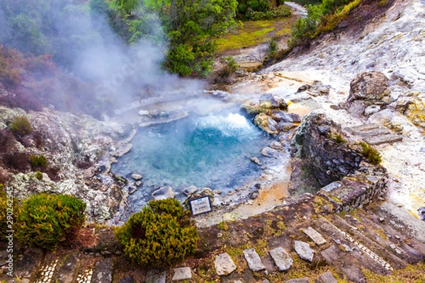 Obraz Hot thermal springs in Furnas village, Sao Miguel island, Azores, Portugal. Caldeira do Asmodeu