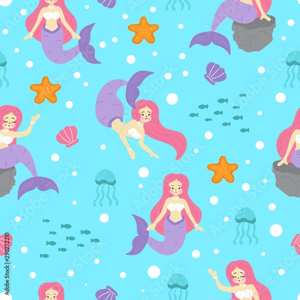 Obraz Cute hand drawn mermaid seamless pattern