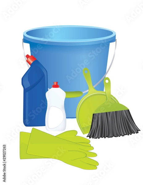 Obraz Plastic bucket with cleaning supplies, vector