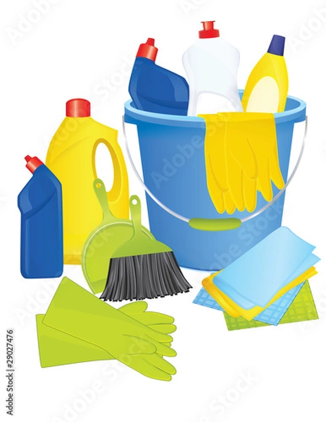 Obraz Plastic bucket with cleaning supplies, vector