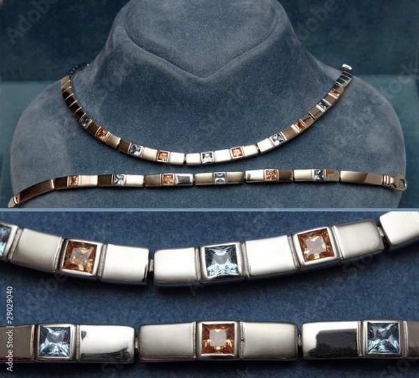 Fototapeta Silber-Set  Armb.,Collier,synth.Aquamarin,champagnerf. Zirkonia