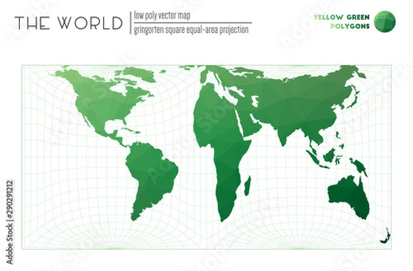 Fototapeta Low poly world map. Gringorten equal-area projection of the world. Yellow-green colored polygons. Neat vector illustration.