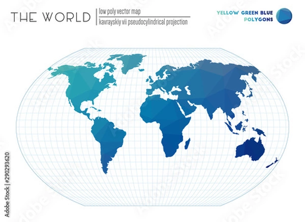 Fototapeta Low poly world map. Kavrayskiy VII pseudocylindrical projection of the world. Yellow, Green, and Blue colored polygons. Amazing vector illustration.