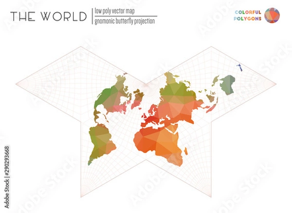 Fototapeta Abstract world map. Gnomonic butterfly projection of the world. Colorful colored polygons. Amazing vector illustration.