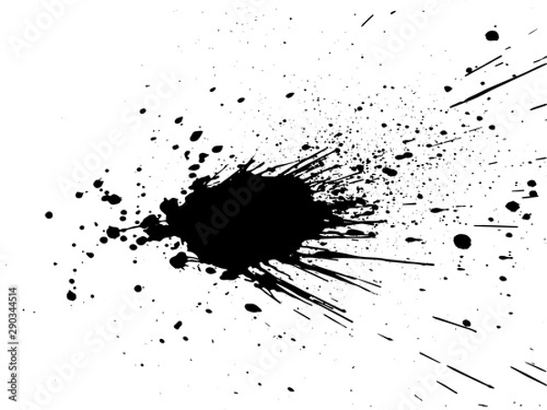 Fototapeta Black paint, ink splash, brushes ink droplets, blots. Black ink splatter background, isolated on white. Vector illustration