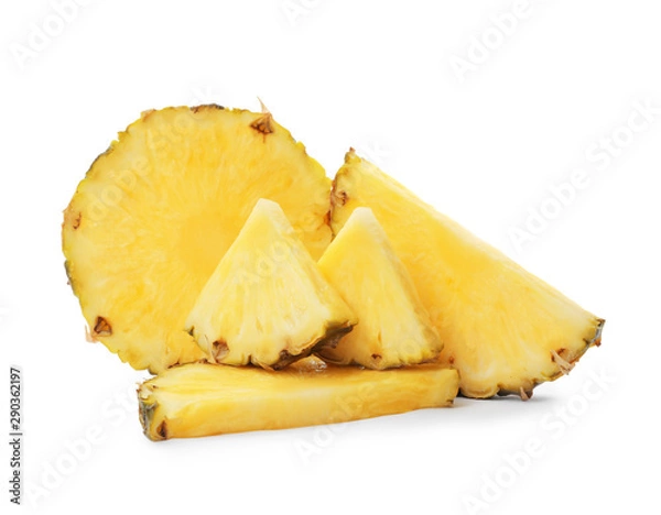 Fototapeta Slices of tasty juicy pineapple on white background