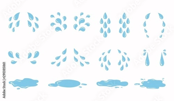 Fototapeta Cartoon tear drops and puddles set. Sorrow weeping cry streams, tear blob or sweat drop. eyes tears or rain droplets
