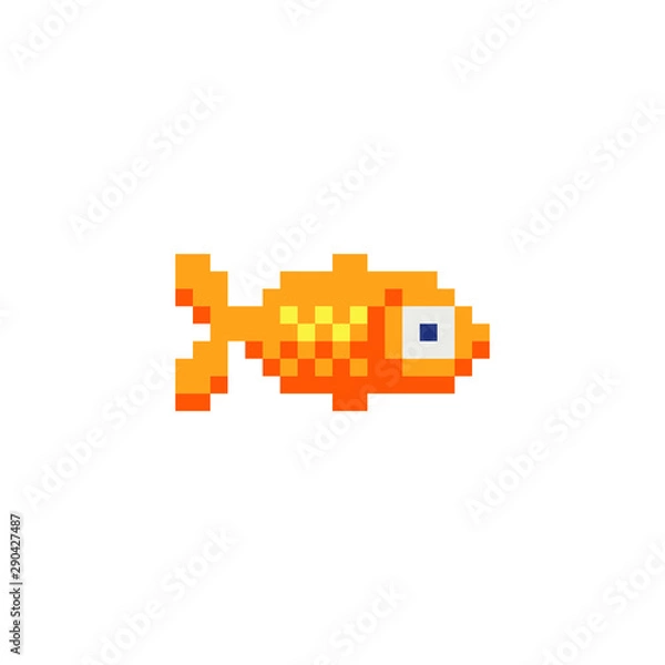 Fototapeta Fish character, aquarium fish logo pixel art icon. Isolated vector illustration. Design elements for logo, sticker and mobile application.