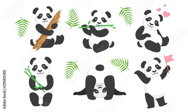 Fototapeta Adorable Pandas Characters Set, Cute Animals in Different Situations, Chinese Symbol Mascot Vector Illustration