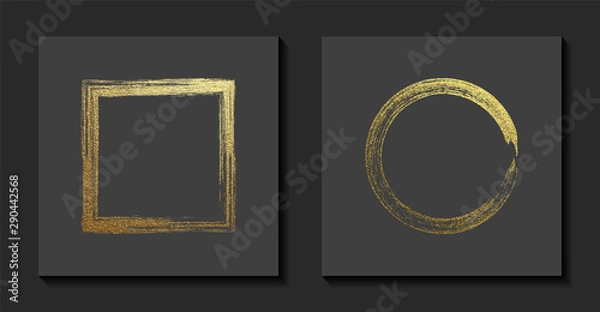 Obraz Square and round golden frames on a grey background. Luxury vintage border, Label, logo design element. Hand drawn vector Illustration. Abstract gold brush stroke