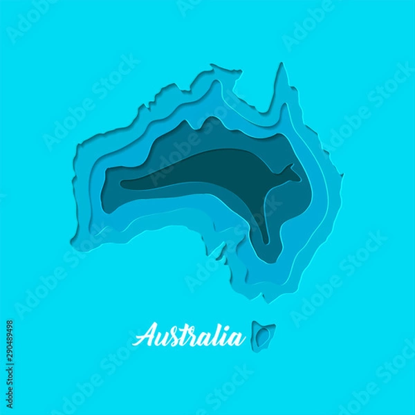 Fototapeta Australia map paper cut illustration with multi layer with kangaroo for travel poster, banner, greeting card template 
