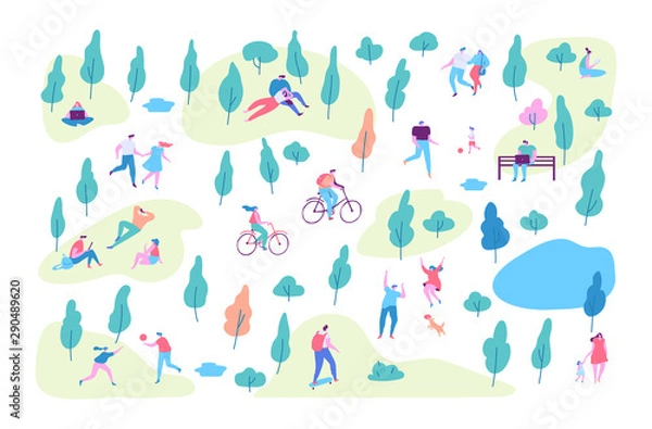 Fototapeta Various people at spring or summer park. Vector background. Leisure outdoor activities - riding bicycles, walking dog, reading, picnic. Cartoon style flat vector illustration.