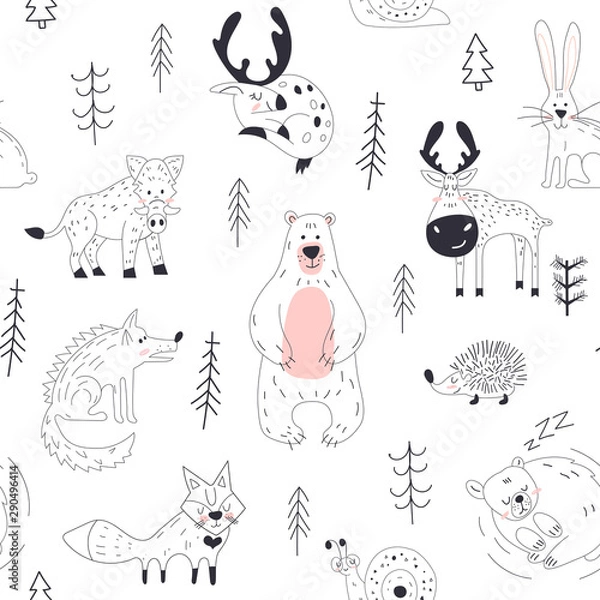 Obraz Forest animal seamless pattern Woodland childish print in Scandinavian decorative style. Seamless childish pattern with cute bear, fox, hedgehogs in the wood.