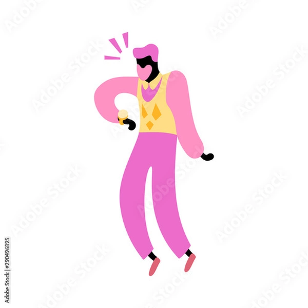 Fototapeta Vector illustration, trendy flat cartoon man with beard looking surprised on the wrist watch. In pink, yellow colors. Applicable as business time managament concept for posters, web banners etc.