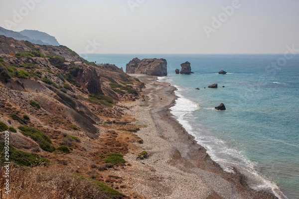 Obraz view of Petra tou Romiou beach, famous touristic landmark Aphrodite's rock, Pafos, Cyprus, Greece 