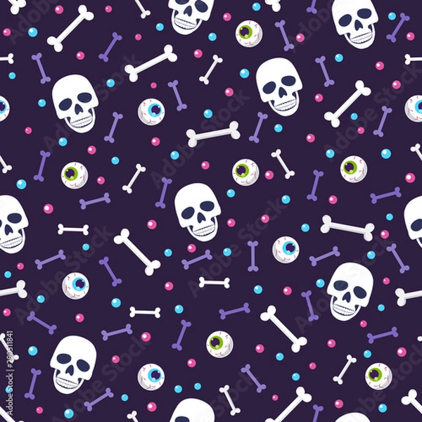 Obraz Skull and eyeball seamless pattern on blue background. halloween skull pattern background. vector illustration