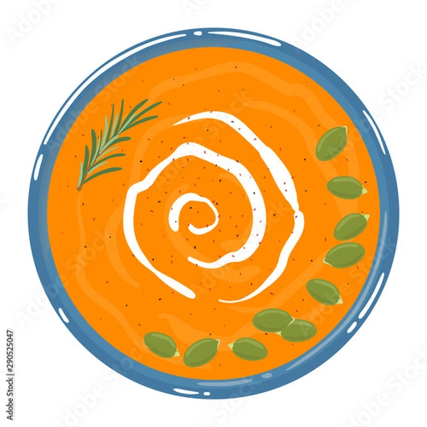 Fototapeta Pumpkin soup in a bowl with sour cream, rosemary and pumpkin seeds, top view, isolated on white background. Healthy clean balanced natural vegetarian detox meal. Vector illustration.