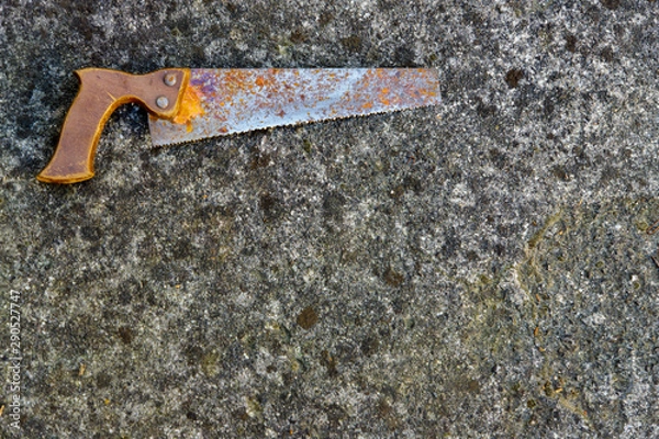 Fototapeta Detail of an old concrete wall covered with lichens, with an old rusty handmade wood peak. Background. Vintage.