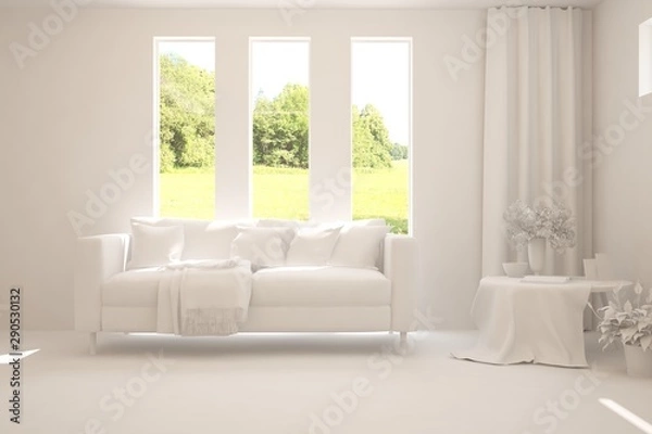 Fototapeta Mock up of stylish room in white color with sofa and green landscape in window. Scandinavian interior design. 3D illustration