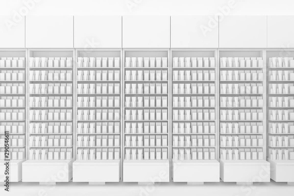 Fototapeta 3D Illustration Rendering. Clean Pharmacy views on white backgorund for presentation and mockup blueprints. Architectural visualization of Modern interior design store. - Front