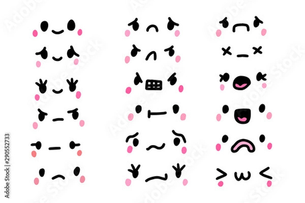 Fototapeta Set of different emotions in kawaii cartoon comic style black pink face