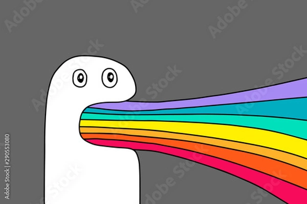 Obraz Big white creature vomit rainbow hand drawn vector illustration in cartoon comic style