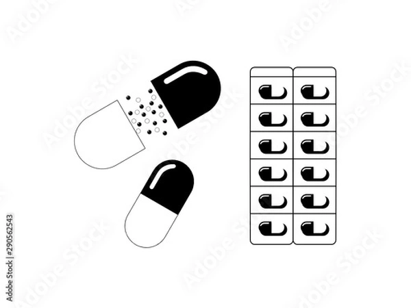 Obraz カプセル型飲み薬のシンプルなモノクロイラスト