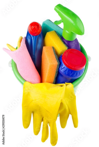 Obraz bucket with cleaning articles from above